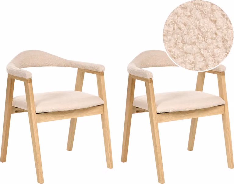 BELIANI Zestaw 2 krzeseł do jadalni jasnobrązowe siedzisko tapicerowane boucle ramy z drewna kauczukowego PE rattan oparcie styl retro jadalnia