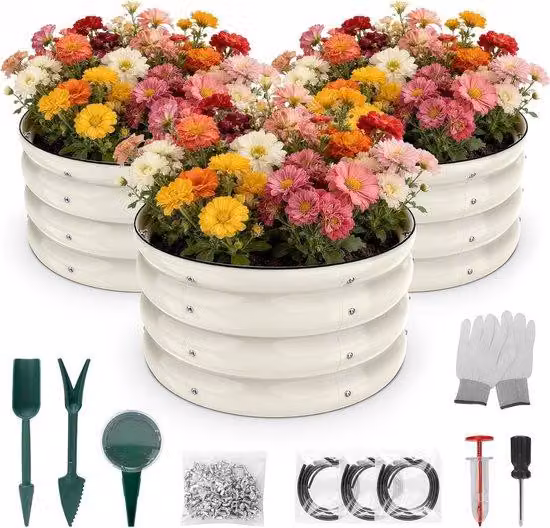 Zestaw 3 okrągłych podwyższonych grządek – metalowe donice do uprawy warzyw na zewnątrz – 61 cm x 28,8 cm – z zabezpieczeniami – łatwy montaż – odpowiednie do