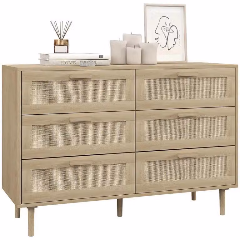 Komoda drewniana – kredens z 6 szufladami – fronty z plecionki rattanowej – nowoczesny styl marokański – 110x40x75 cm – kolor khaki