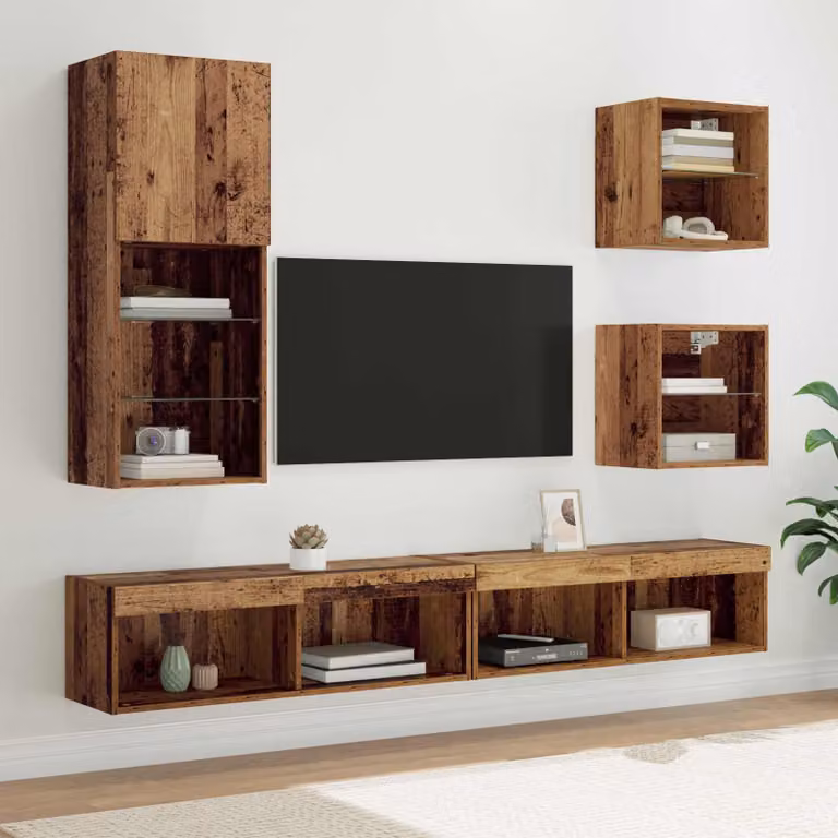 vidaXL RTV stojak ścienny z podświetleniem LED, 5 sztuk, drewno z recyklingu, 100 x 30 x 30 cm