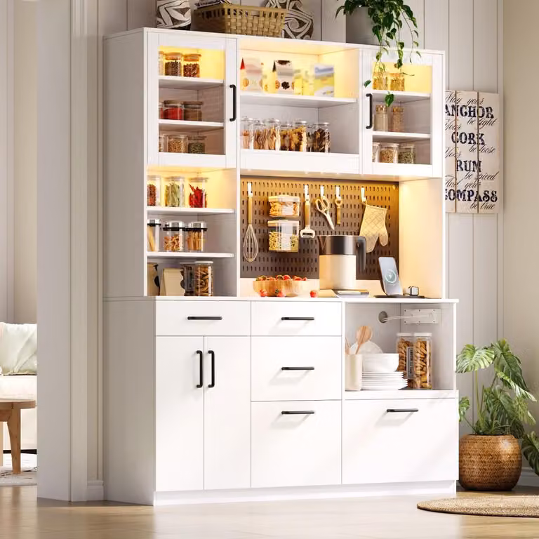 Szafka kuchenna 185x145x40 cm, szafka typu "buffet", komoda z gniazdkiem, oświetlenie LED, meble kuchenne, blat, 5 szuflad, płyta perforowana, kolor biały