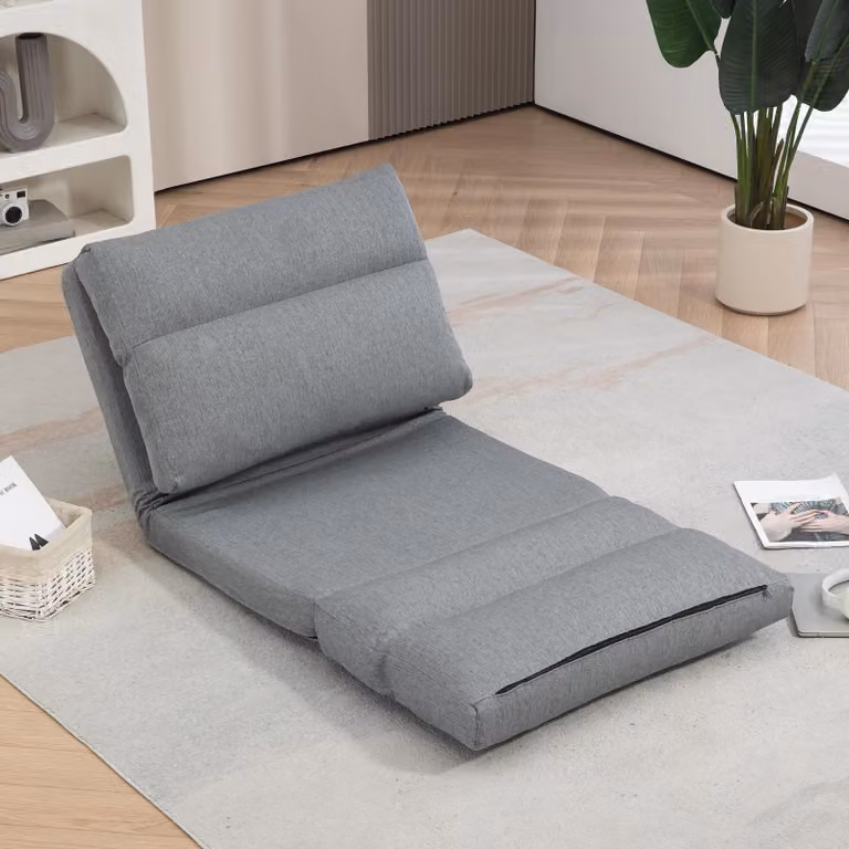 Rozkładana sofa podłogowa z funkcją spania, fotel podłogowy o wyglądzie lnu z 6-stopniową regulacją, szary | 70 x 72 x 56 cm | do 120 kg | metalowa rama
