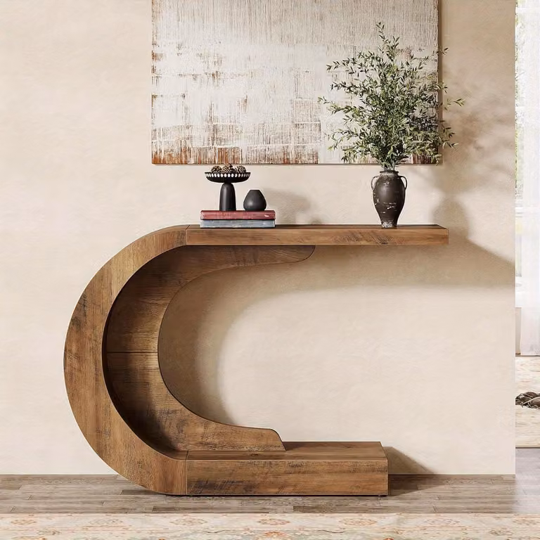 Stolik w kształcie litery "C", konsola do wąskich korytarzy, szerokość 110 cm, nowoczesny design w stylu mid-century, wykonany z drewna
