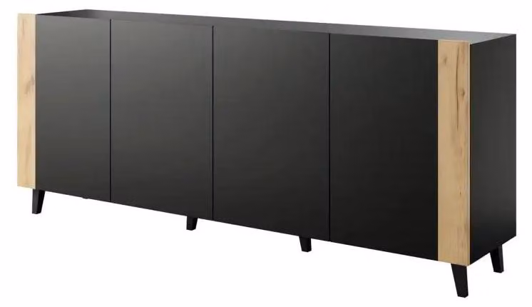 Komoda czarna matowa 200x42x82 cm z elementami dębu craft