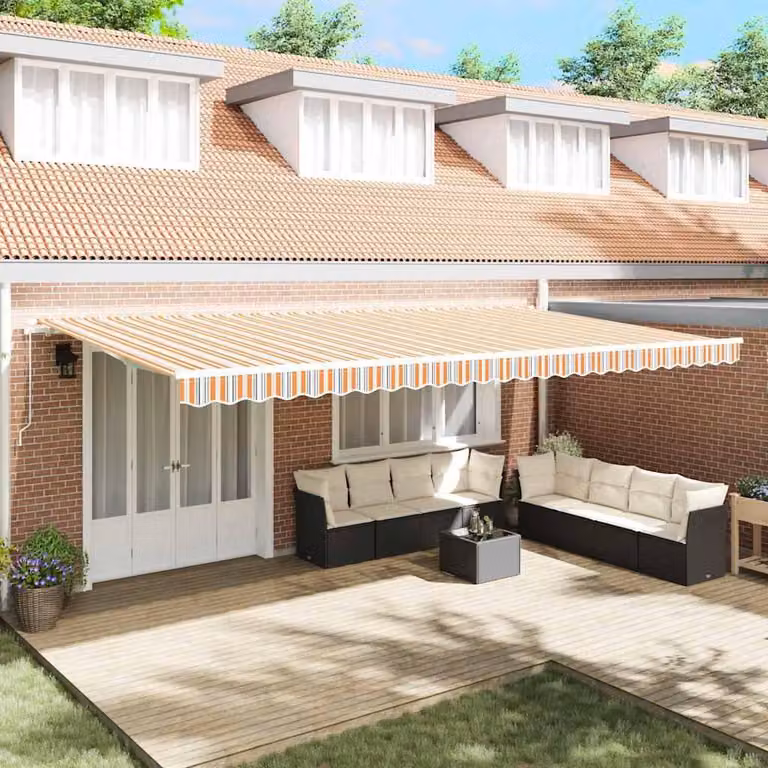 Maison Exclusive - Markiza ręczna, wymiary 6 x 3 m, wzór w paski w kolorach pomarańczowym, szarym, niebieskim i białym