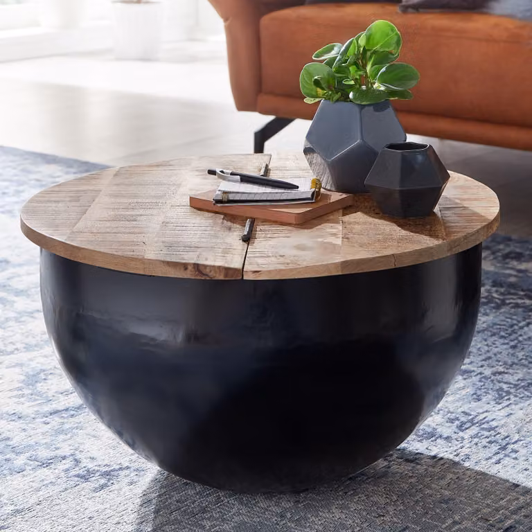 Stolik FineBuy Mango lite drewno metal 60x34x60 cm styl industrialny okrągły | Designerski salon ze schowkiem | Nowoczesny stolik kawowy
