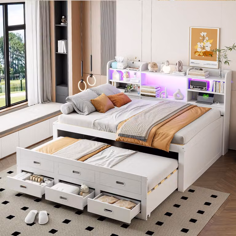 Funkcjonalne łóżko LED 140x200 ze zdalnym oświetleniem, USB+Type-C, 3 szuflady, stolik nocny, wysuwane łóżko, białe, bez materaca
