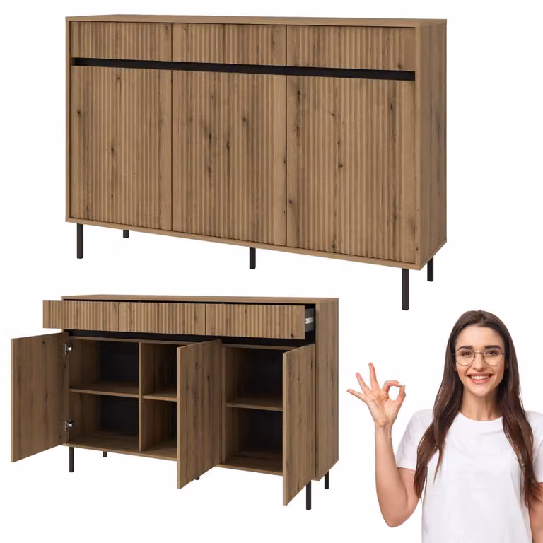 Komoda do salonu 3 szuflady półki duża ryflowana czarne nogi dąv evoke KAKA 3D3S