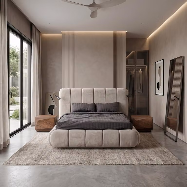 Komplet do sypialni w nowoczesnym, beżowym stylu: eleganckie łóżko, 2 stoliki nocne, meble
