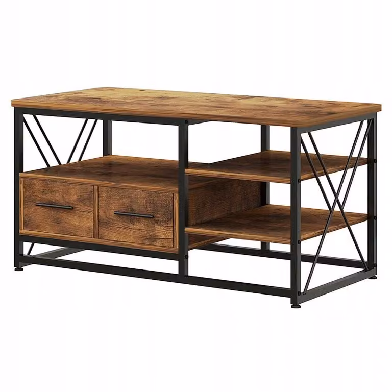 Stolik Kawowy Rustykalny Brąz Do Salonu Loft Z Szufladami I Półkami 100 Cm