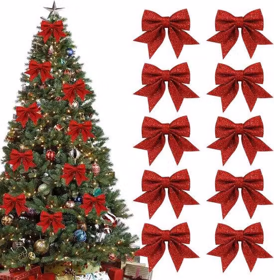 10 sztuk czerwonych, błyszczących łuków do dekoracji choinki - dekoracje świąteczne na imprezy, wesela i uroczystości rodzinne - PVC, 12 cm x 15 cm