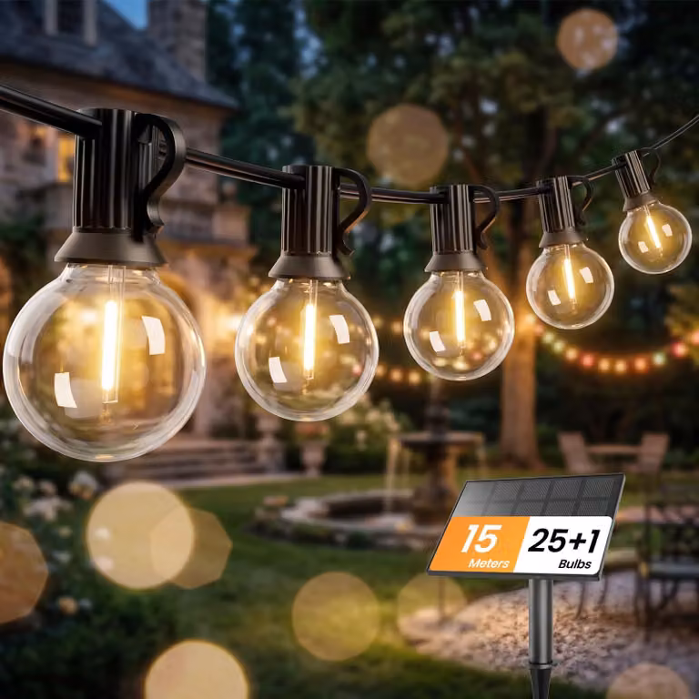 Świąteczna lampka solarna Yuucio, 15 metrów, G40, IP44, 25+1 żarówek odpornych na stłuczenia, barwa 2700K – model G40-15M-Solar