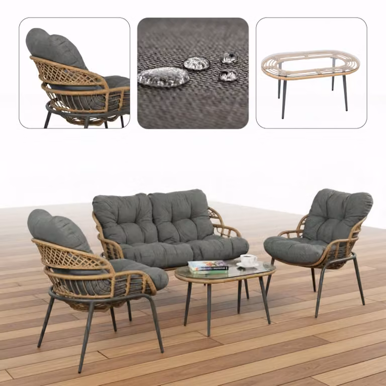 Elegancki zestaw mebli ogrodowych wypoczynkowych w stylu skandynawskim Meven Bari sofa, stolik kawowy, 2xfotel