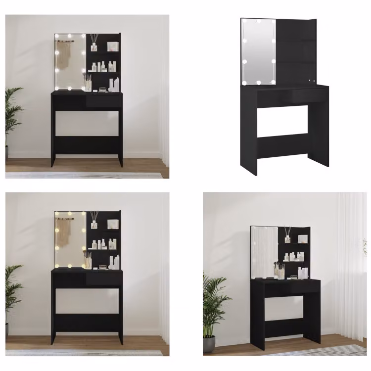 vidaXL Toaletka z oświetleniem LED czarna 74,5x40x141 cm - Toaletka - Stolik do makijażu - Stolik kosmetyczny - Toaletka