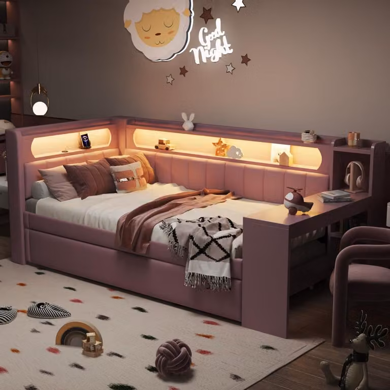Łóżko tapicerowane Rosa z portami USB, listwą LED, możliwością rozkładania i zintegrowanym biurkiem – idealne meble do pokoju młodzieżowego, wymiar 90x200