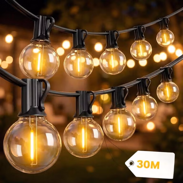 Świąteczna lampka LED, 30 metrów, do użytku zewnętrznego, model G40, klasa szczelności IP44, 50+2 żarówki odporne na stłuczenia, barwa światła 2700K – rozmiar G40-2P