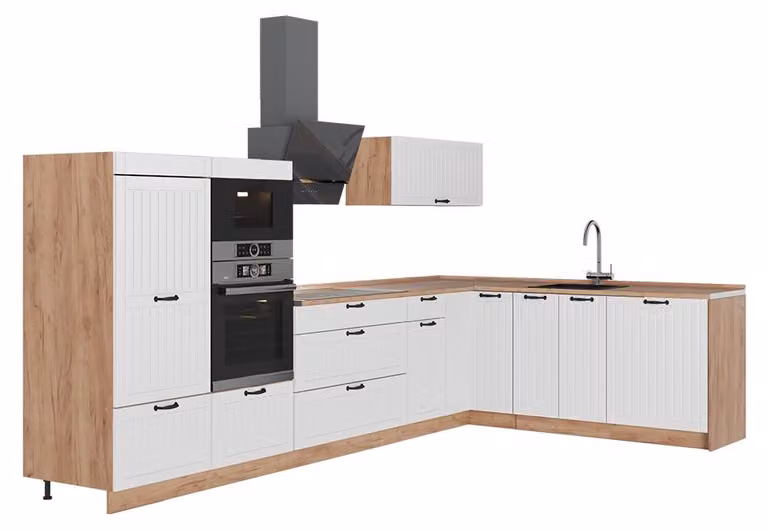 Kuchnia narożna Vicco Fame-Line Biały rustykalny/Dąb goldkraft 347 x 207 cm bez blatu roboczego, Model 63620
