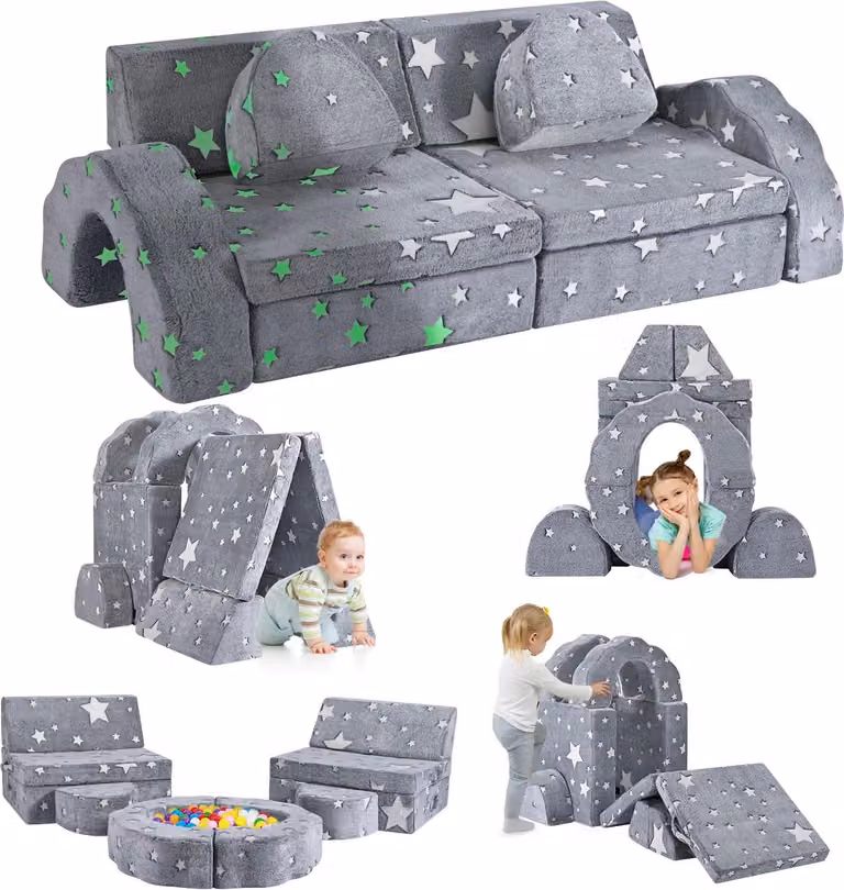 Sofa dla dzieci Sofa rozkładana – zestaw modułowy 10-częściowy – rozkładana – przekształcalna – wypełnienie piankowe – wymaga montażu – szara
