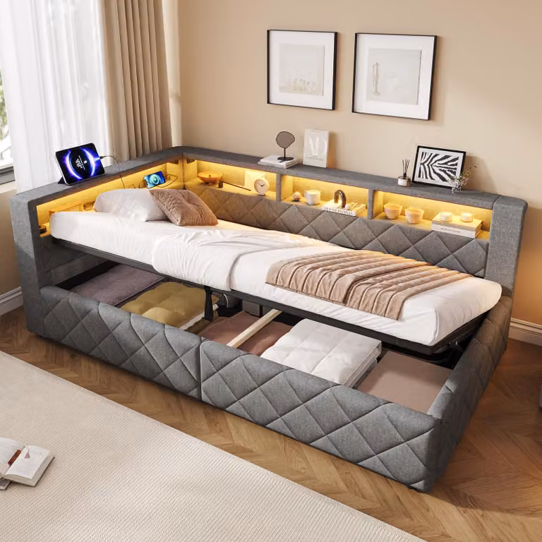 Sofa rozkładane Flieks, 90x200 cm, z portami USB i wykończeniem skórzanym, łóżko tapicerowane jednoosobowe z miejscem do przechowywania, sofa do spania z podnoszanym materacem i otwartymi półkami, kolor: len, szary