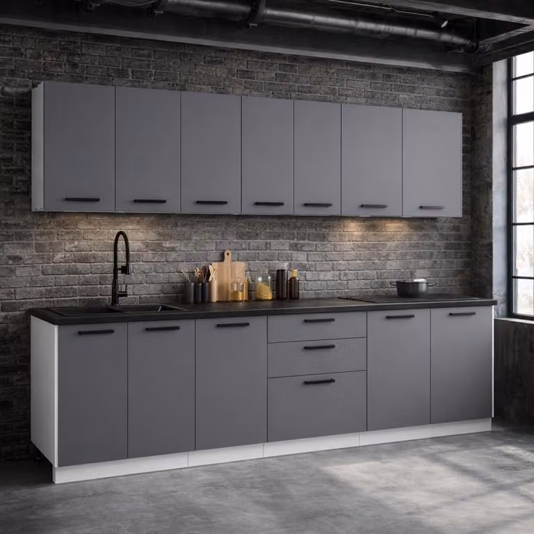 ULWEHOME Meble kuchenne Zestaw mebli kuchennych Kuchnia Milan 260cm | szafka • regał • blat • aneks kuchenny | Antracyt 2,6 m