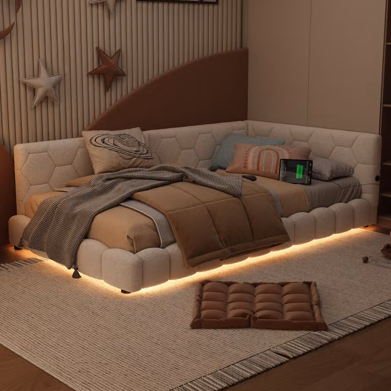 Łóżko tapicerowane Flieks 90x200cm z USB, rozkładana sofa ze stelażem listwowym, łóżko młodzieżowe dzienne z LED, łóżko gościnne, rozkładana sofa jednoosobowa, aksamit, biały