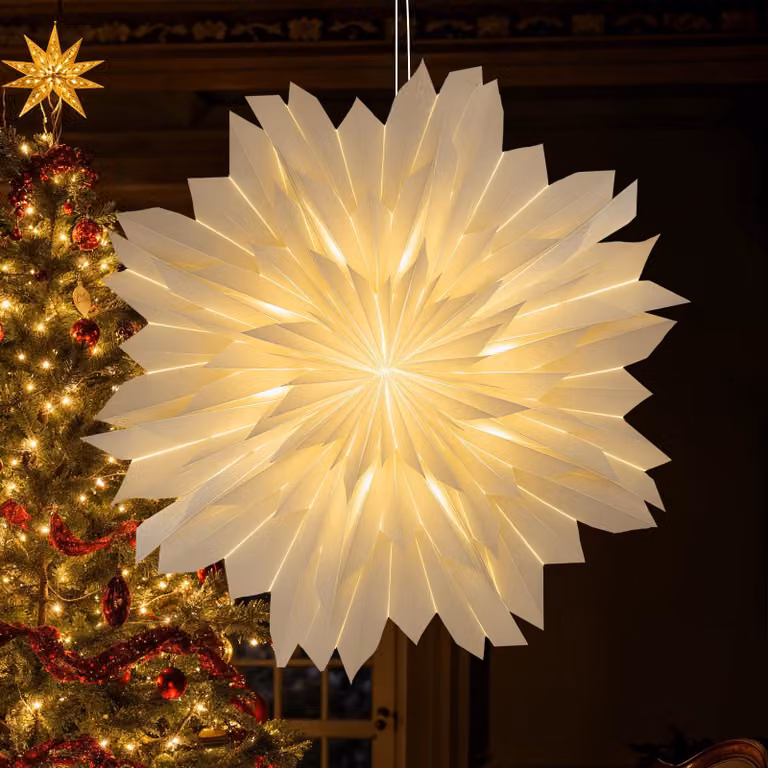 Trójwymiarowa gwiazda papierowa, 45 cm, LED, ciepła biel, składana, dekoracja świąteczna