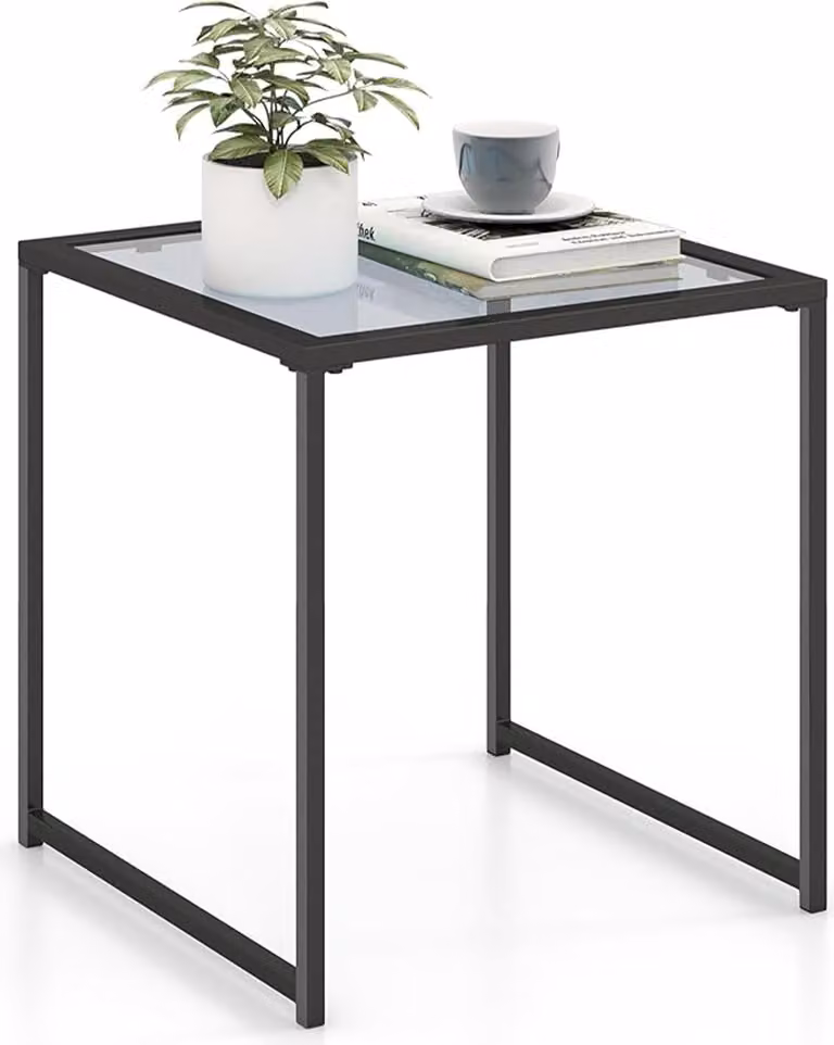kwadratowy stolik nocny 43 x 43 cm, minimalistyczny stolik nocny z blatem z hartowanego szkła i solidną metalową ramą, stolik na sofę, czarny