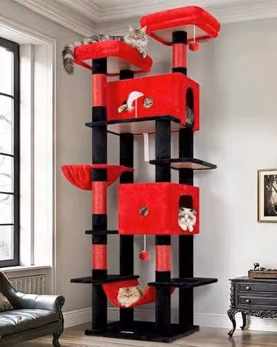 Drapak dla kotów XXL gotycki czarno czerwony 213 cm 2 domki hamak