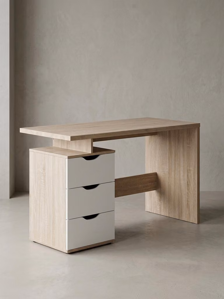 Biurko MASSA 120 x 76 x 53 cm z 3 szufladami w kolorze Sonoma White, nowoczesne biurko komputerowe dla nastolatków, oszczędzające miejsce biurko na laptopa z półką