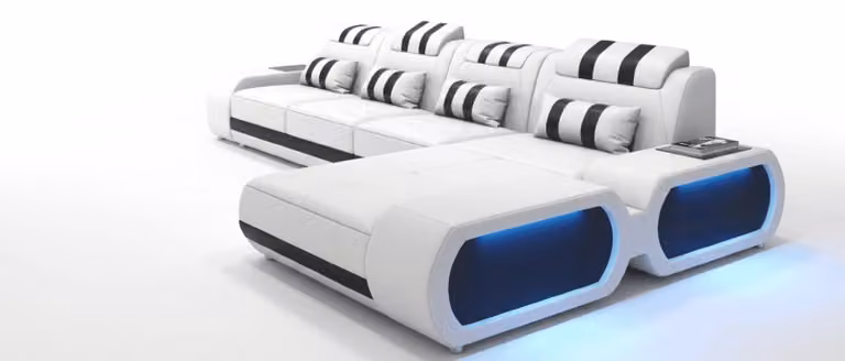 Nowoczesna, narożna sofa w kształcie litery L, biała, z oświetleniem LED. Elegancki design. Zestaw sofowy