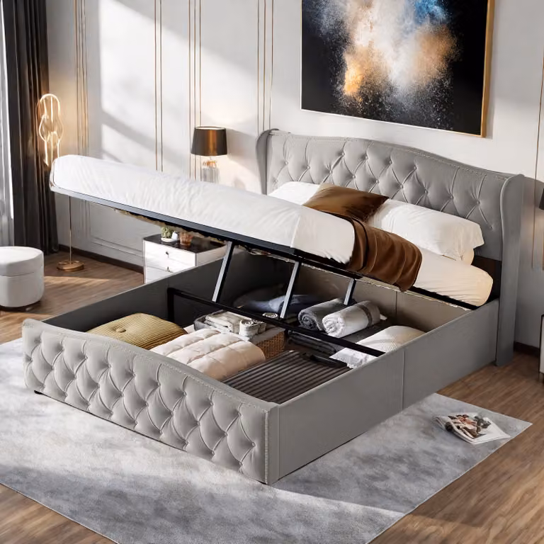 Podwójne łóżko tapicerowane 160x200cm łóżko na sprężynach skrzyniowych łóżko z litego drewna z ramą z listew i schowkiem, funkcjonalne łóżko do przechowywania łóżko aksamitne, szare