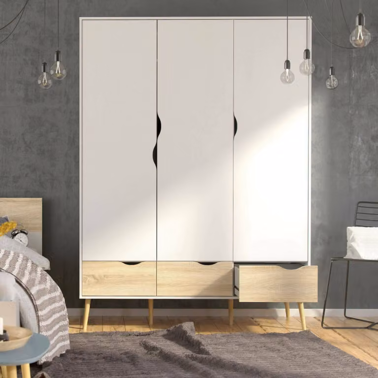 Trzydrzwiowa szafa w stylu retro Oslo 75468, biała/struktura dębu