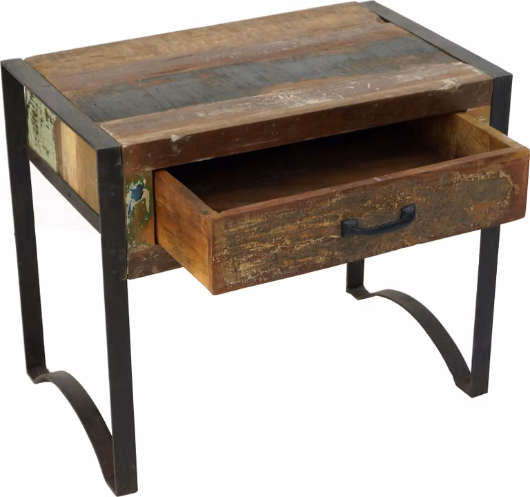 Vintage stolik pomocniczy, stolik nocny z metalu, drewno z recyklingu – model 2b, brązowy, drewno, żelazo, 50*60*38 cm, stoliki kawowe i stoliki podłogowe