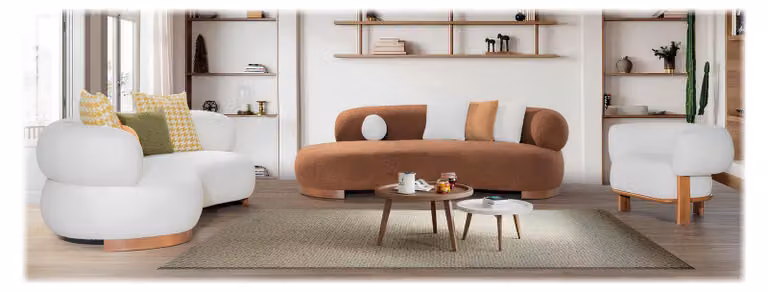 Designerska sofa 2x 3-osobowa z fotelem – delikatny minimalizm, drewniana rama, tkanina