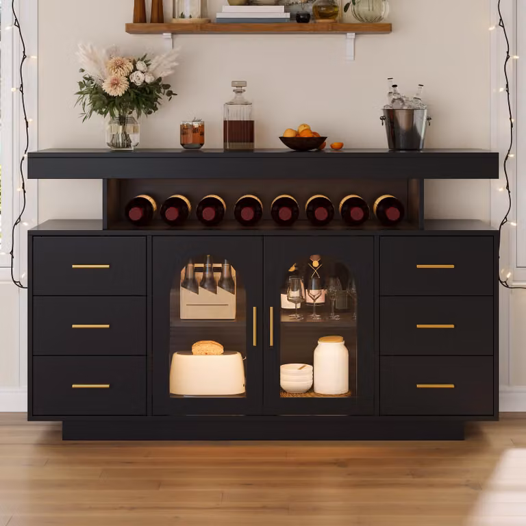 Szafka na wino i ekspres do kawy Merax, szafka z 6 szufladami, komoda z 2 drzwiczkami szklanymi i otwartą półką, komoda z oświetleniem RGB LED, wykonana z MDF, kolor czarny