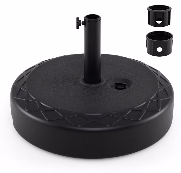 Stojak na parasole marki COSTWAY, przeznaczony do parasoli o średnicy słupka 39/49 mm. Pojemnik na wodę lub piasek o pojemności 26 litrów i udźwigu 45 kg. Idealny jako podstawa do parasola, parasola reklamowego lub parasola na stragan