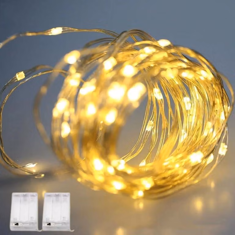 Światełko LED, 2 szt., długość 6 metrów każda, 60 diod LED, ciepła biel, srebrny przewód, zasilane bateriami