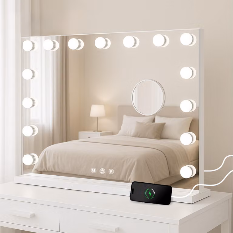 Lusterko do makijażu w stylu Hollywood z regulowanym oświetleniem LED, Bluetooth i 10-krotnym powiększeniem