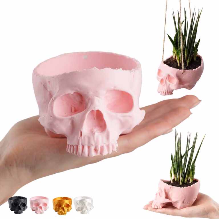 Czaszka 3D doniczka 12,5 cm, gotycka osłonka na sukulenta i kaktus, dekoracja – Różowy sakura
