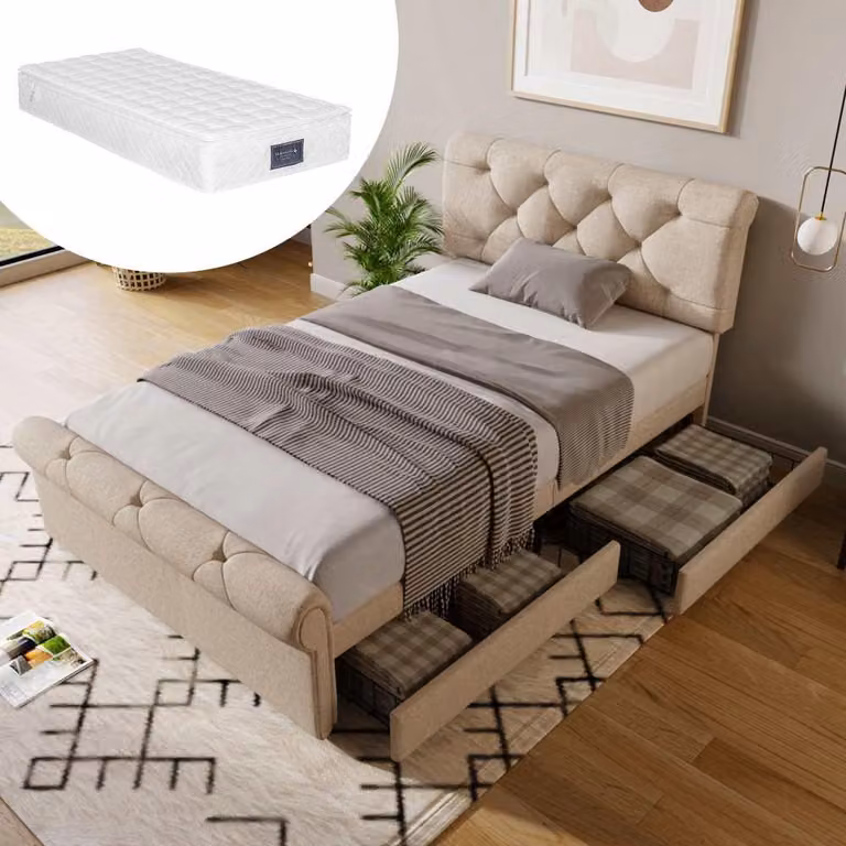 Łóżko tapicerowane z regulowanym zagłówkiem i 2 szufladami, wzór Chesterfield, naturalne drewno, bez materaca, łóżko pojedyncze 90x200 cm