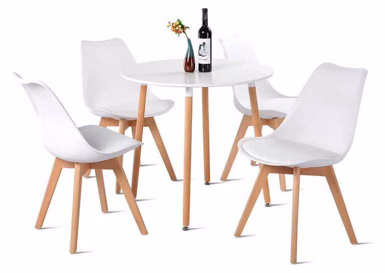 Stół jadalniany z 4 krzesłami, styl skandynawski, okrągły, drewniany, biały, średnica 80 cm