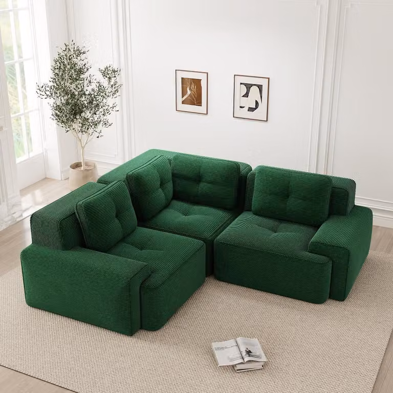 Sofa bez ramy, kolor zielony, 3-osobowe, głębokie siedzisko, obite tkaniną welurową, modułowe narożnik z antypoślizgową podstawą, bez konieczności montażu, wymiary 206x206 cm