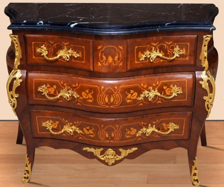 Casa Padrino komoda w stylu barokowym brązowy / złoty / czarny 120 x 50 x h. 85 cm - Ręcznie wykonana komoda z litego drewna z 4 szufladami i marmurowym blatem - Meble w stylu barokowym