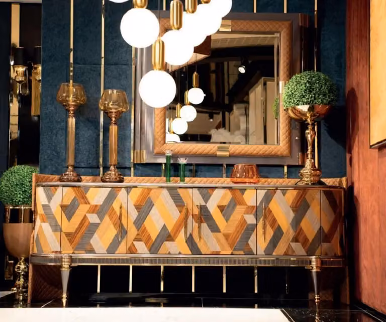 Casa Padrino zestaw mebli w stylu art deco wielokolorowy / brązowy / szary / złoty - 1 kredens w stylu art deco z 4 drzwiami i 1 luksusowe lustro w stylu art deco - Luksusowe meble w stylu art deco