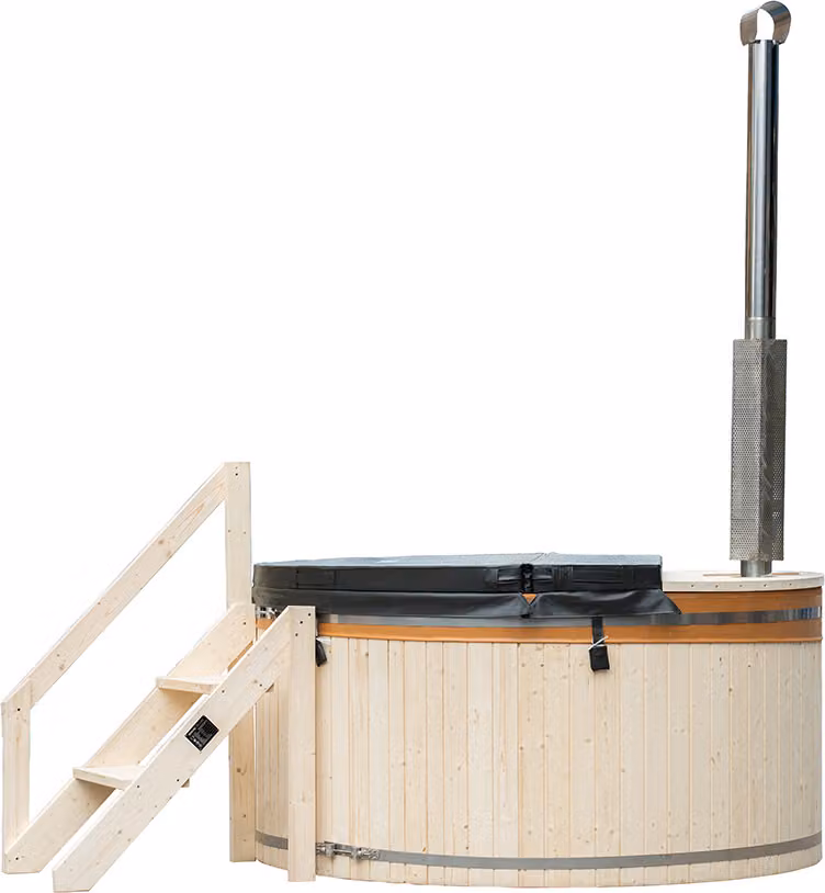 HOME DELUXE - Wanna z hydromasażem SKANDI - rozmiar L, ⌀ 210 cm, wysokość zewnętrzna 100 cm, świerk nordycki, z pokrywą, stopniami i podgrzewaczem I Wanna z hydromasażem