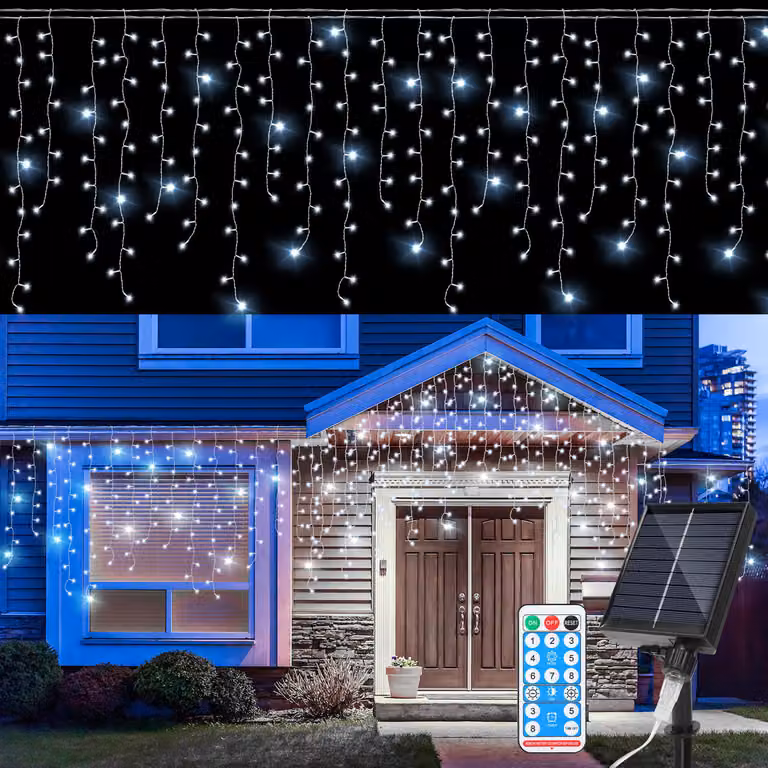 Świąteczna lampka solarna LED Vigevee, 10 metrów, wodoodporna, efekt "śniegu", 400 diod LED, dekoracyjny panel świetlny w kształcie lodowych kryształków, z pilotem, do użytku wewnątrz i na zewnątrz, idealna do dekoracji ogrodu, kolor: biały