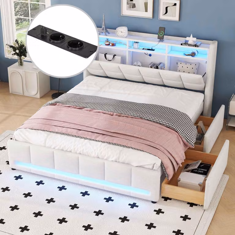 Łóżko tapicerowane APP-LED ze stacją ładującą USB i szufladami, beżowa pościel. 140x200 cm