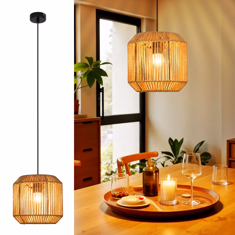 ZMH Lampa wisząca na stół do jadalni Lampa wisząca w stylu vintage Lampa wisząca do jadalni rattanowa Lampa stołowa 1 płomienna latarnia E27 Lampa wisząca do sypialni łóżko salon korytarz (żarówka nie jest dołączona)