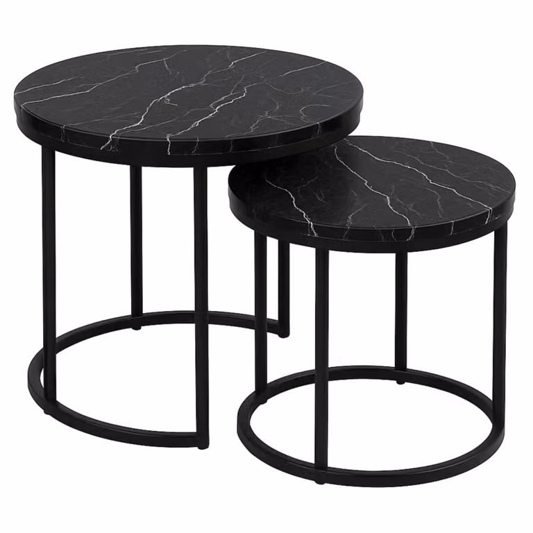 Stoliki kawowe okrągłe zestaw stolików SK102MCZ loft fi 53x45 fi 43x35 marmur czarny + srebrny