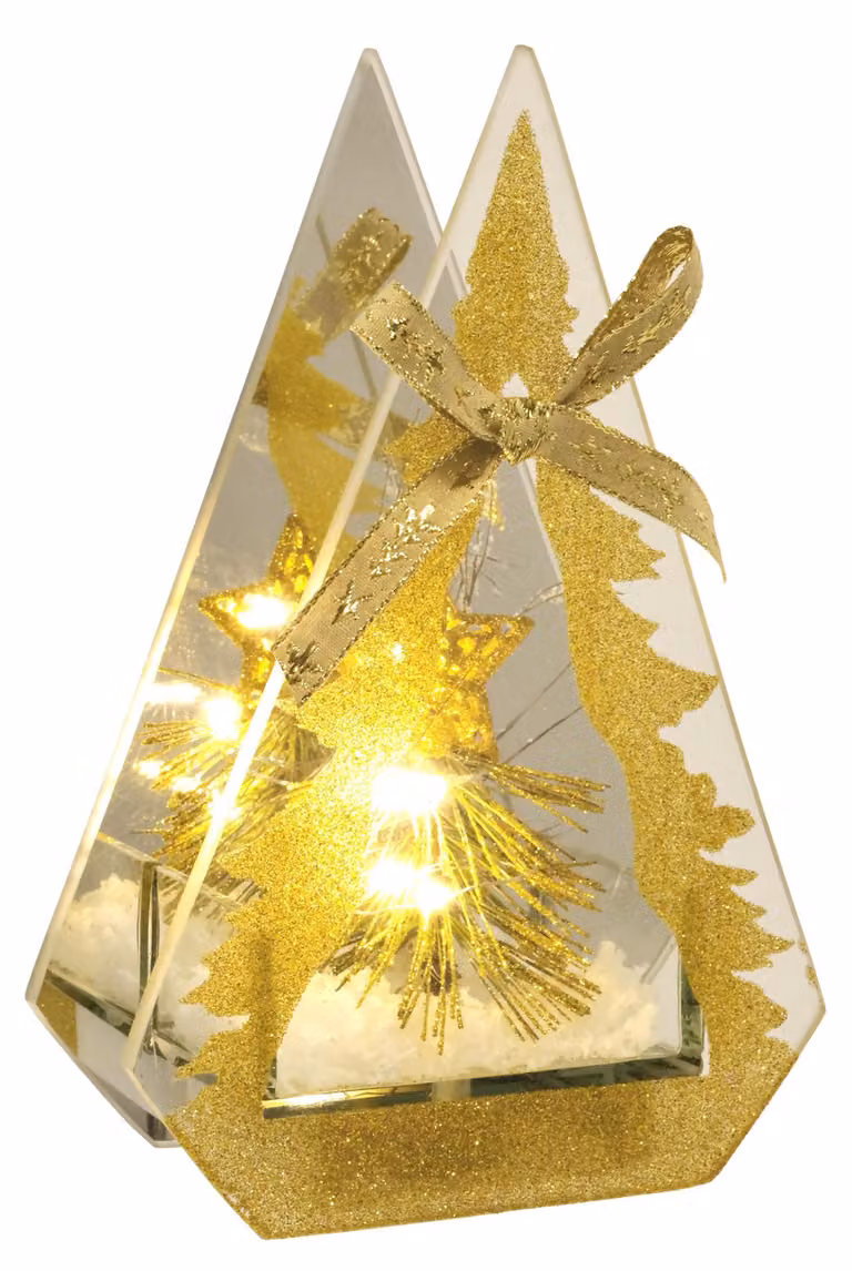 Miniaturowa choinka LED z dekoracją, wykonana ze szkła, 20 cm, z imitacją śniegu, efekt 3D, kolor złoty